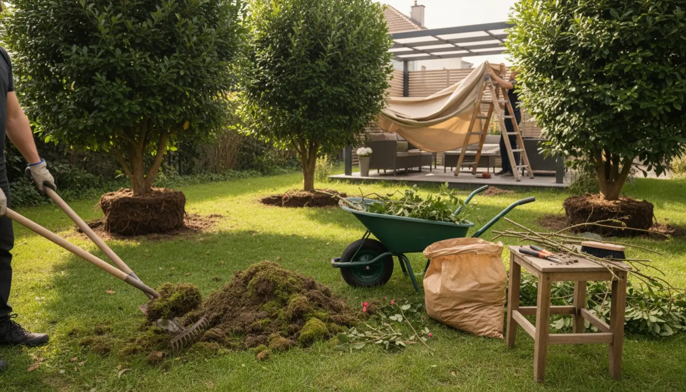 To laurbærbuske graves op, mos rives væk fra græsplænen, og terrasseoverdækning afmonteres.