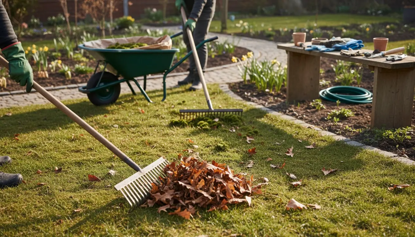 Nærbillede af hænder og haveredskaber, der river blade og fjerner mos i en lille have som forberedelse til foråret.