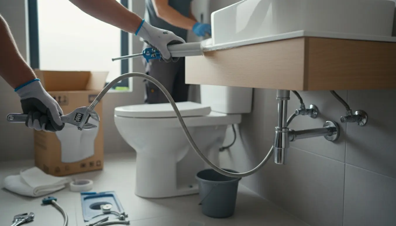 Håndværker installerer nyt toilet og vask i et lyst badeværelse med synlige rør og værktøj.