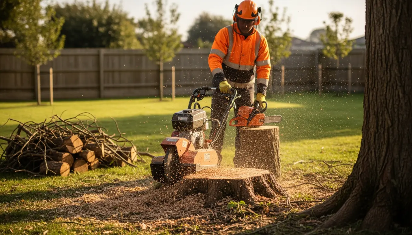 Rodfræsning af en træstub i en villahave med friske træflis og stablede afkortede stammer.