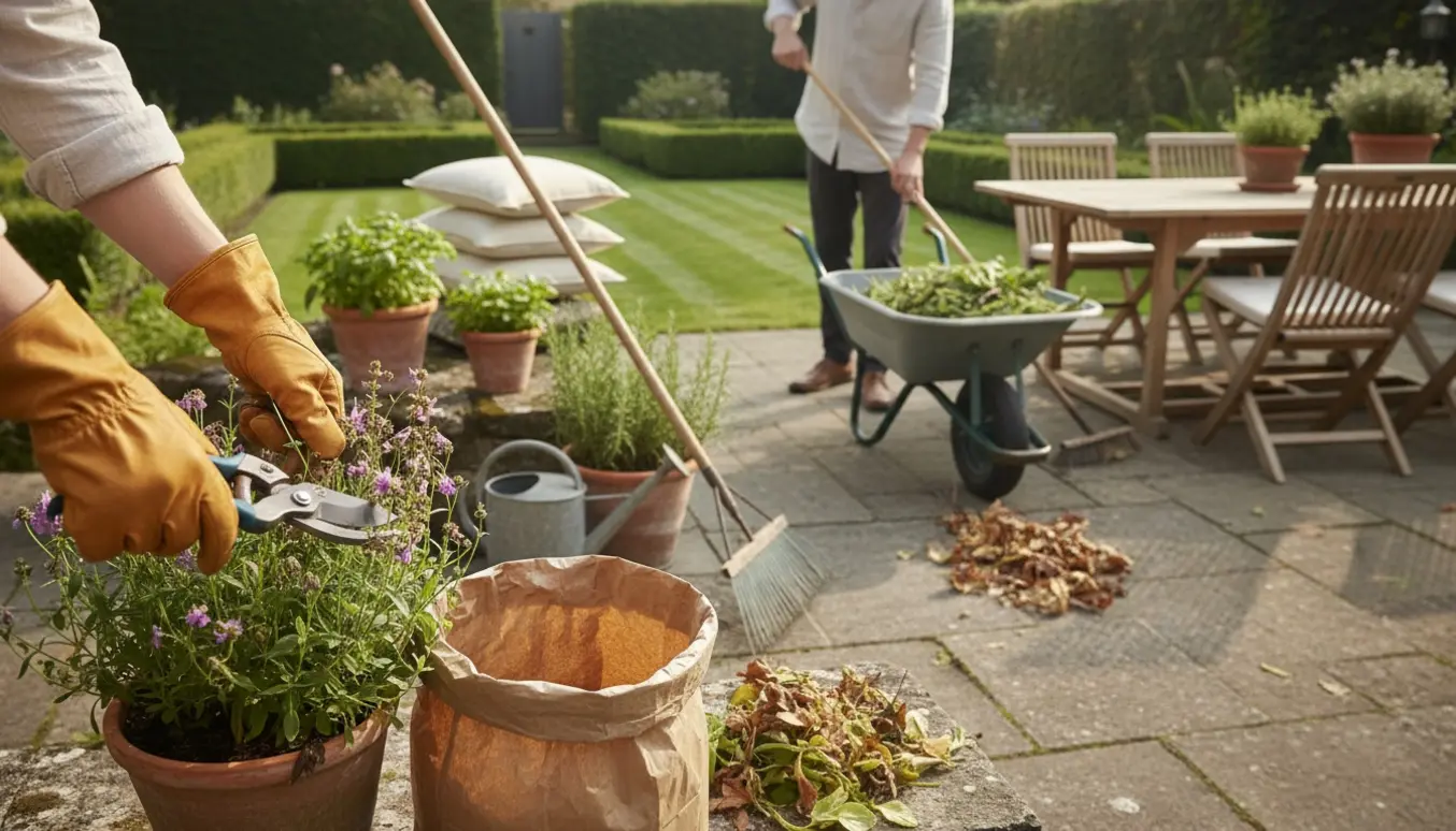 Havehandsker klipper visne blomsterstængler ved en ryddet terrasse med en trillebør fuld af haveaffald.