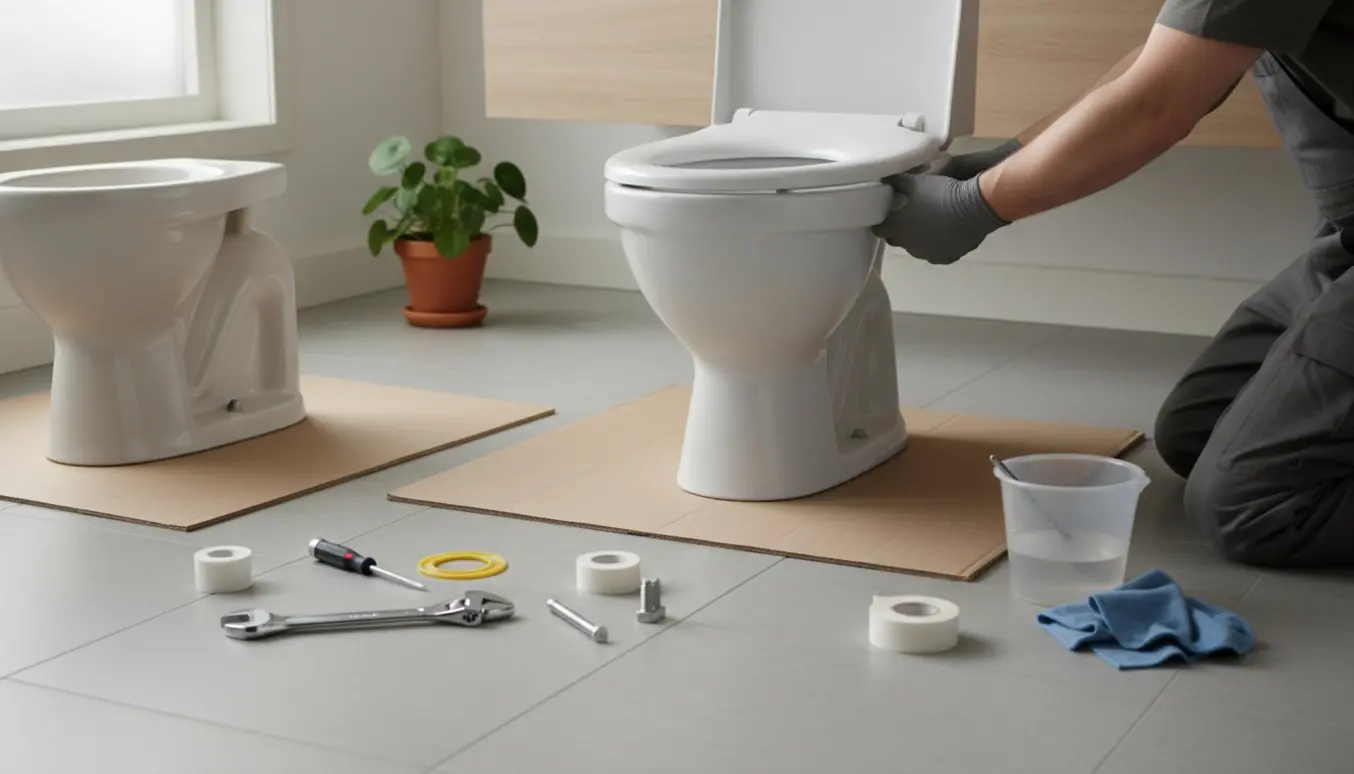 Installering af nyt toilet i lyst skandinavisk badeværelse med værktøj og reservedele i forgrunden.