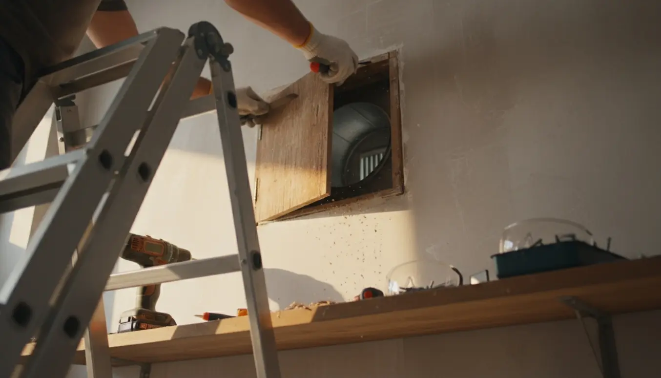 Arbejdshandsker fjerner en træplade foran en ventilationskanal højt over en hylde.