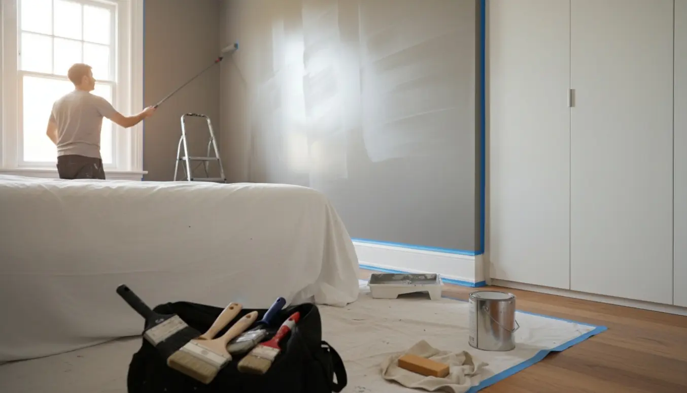 Et soveværelse midt i malerarbejde med tre nymalede vægge og et væghængt skab, malerens værktøj og afdækningsmaterialer.