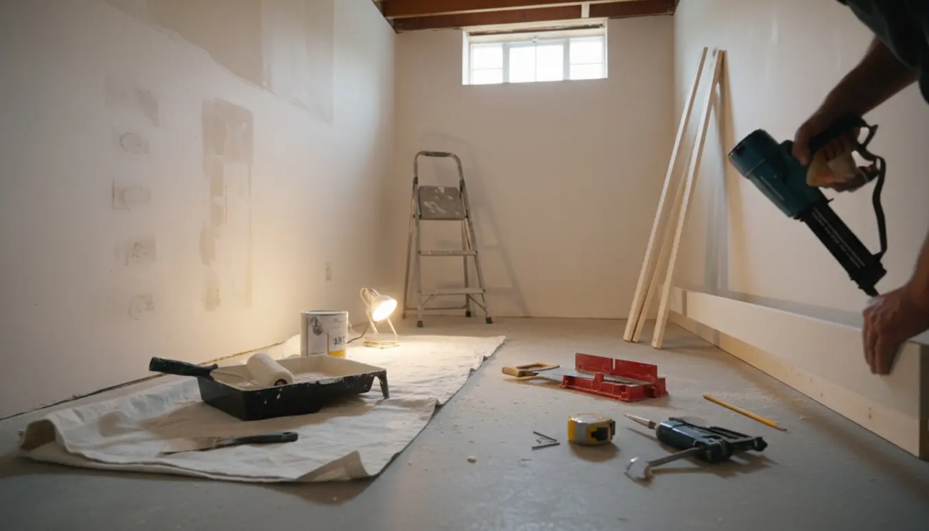 Kælderværelse under renovering med spartlede vægge, nymalet overflade og fodpaneler klar til montering.