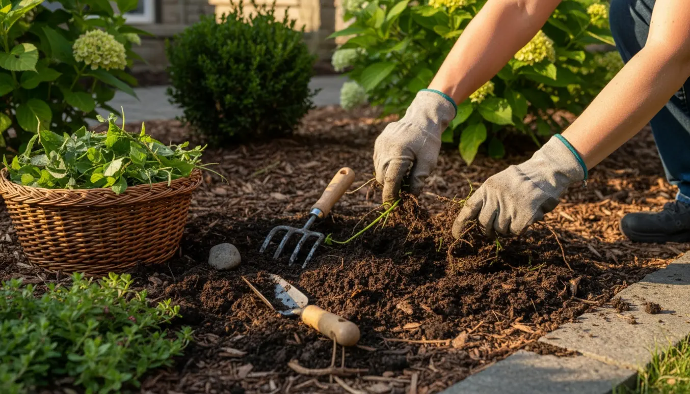 Hænder i havehandsker luger ukrudt mellem buske i et solrigt bed.