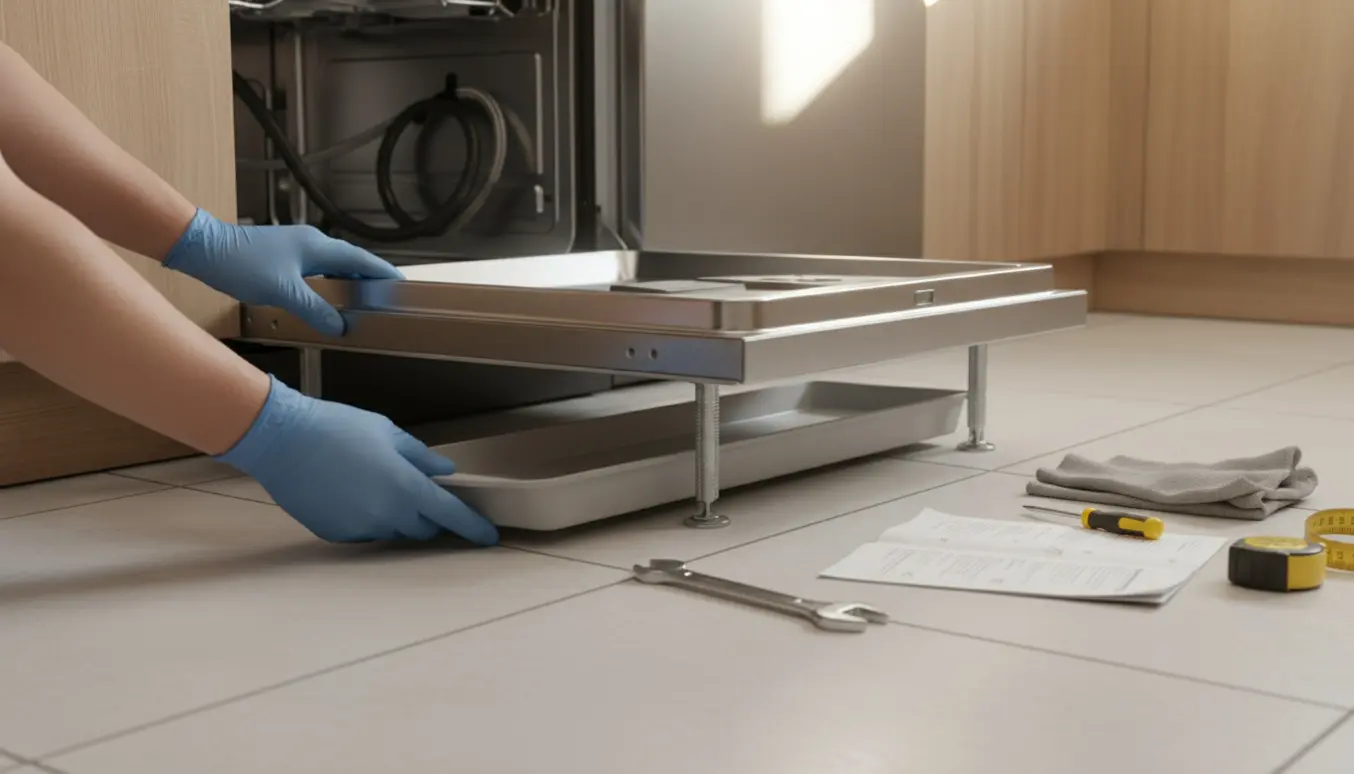 Hænder fører en drypbakke på plads under en indbygget opvaskemaskine i et lyst, moderne køkken.