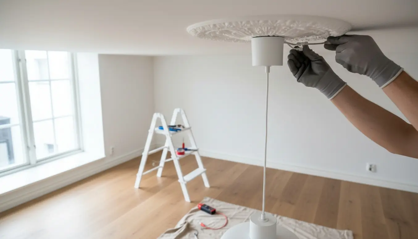 Nærbillede af montering af en Tense-pendel i en dekorativ stukroset.