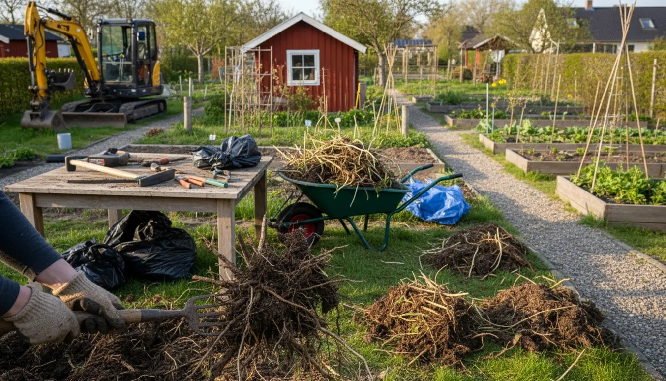 Hænder i handsker trækker invasive rødder op i en kolonihave med trillebør og bunker af udgravet plantemateriale.