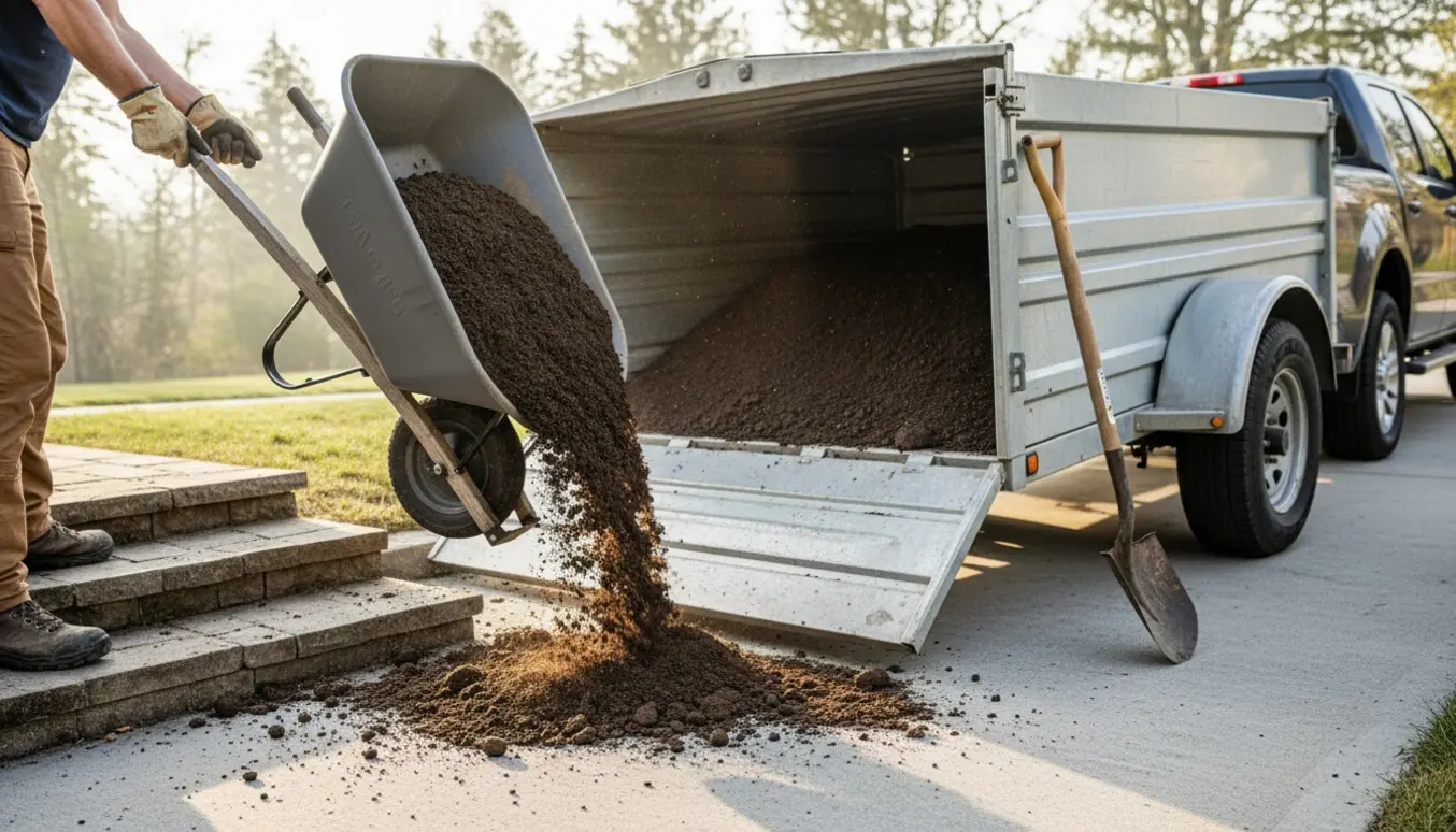 En trillebør tømmes med jord ned ad seks trappetrin og ned i en stor åben trailer ved indkørsel, set uden klare ansigter.