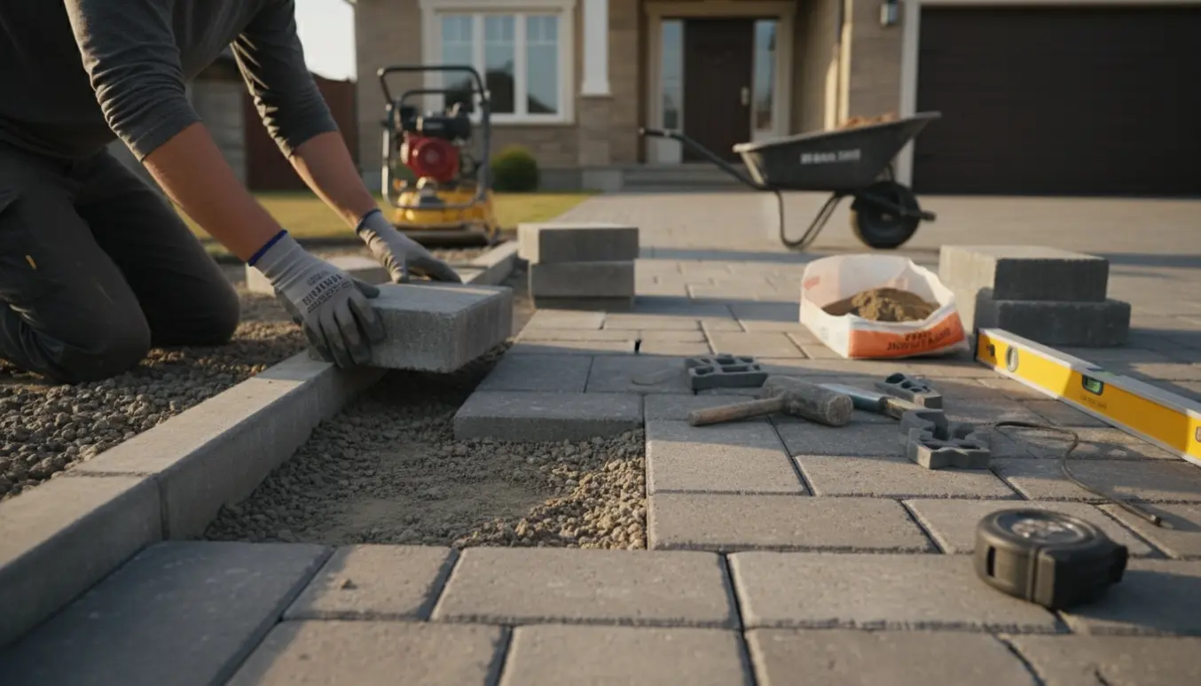 Nærbillede af en indkørsel under lægning med rektangulære fliser, værktøj og stabilt grus.