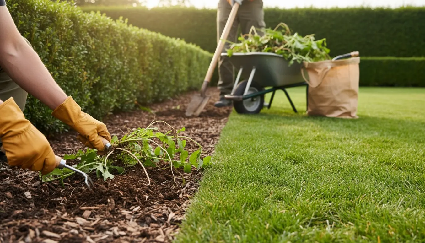 En havehjælper luger ukrudt i et overgroet bed og trimmer kanten langs en hæk.