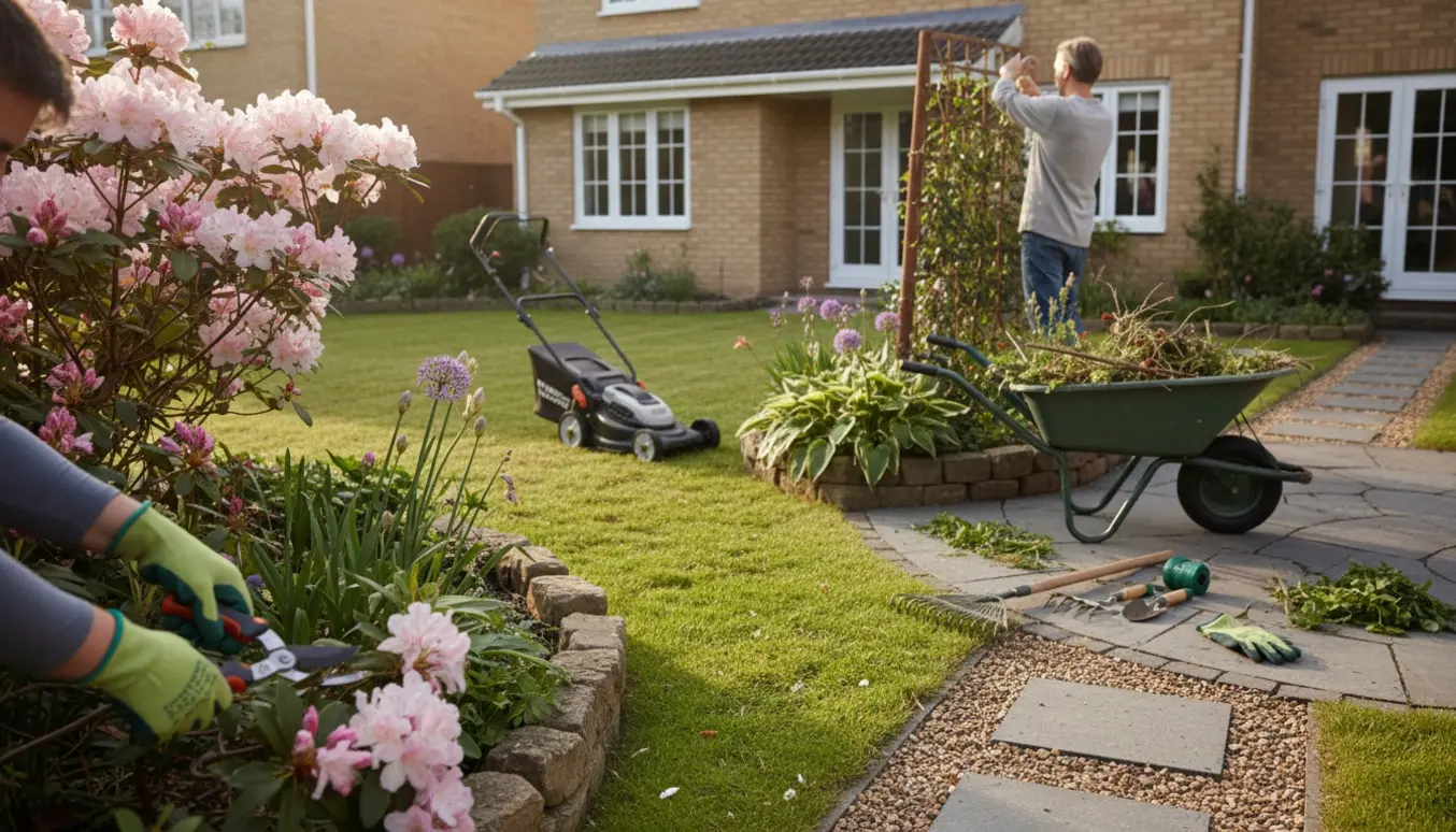 Forårsklargøring af have med græsslåning, beskæring, opbinding af efeu og opsamling af afklip.