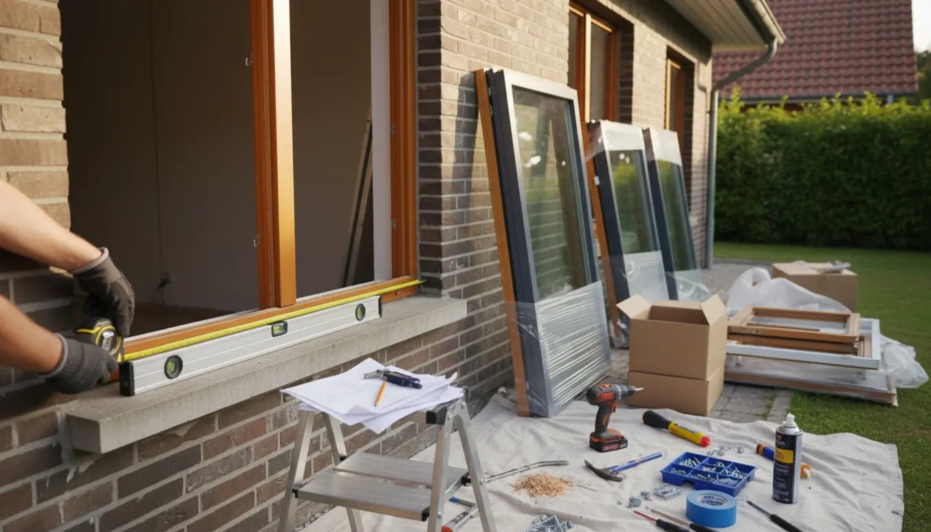 Håndværker måler et vinduesåbning ved en 1970'er enfamilievilla med nye alu-træ-vinduer og værktøj klar.