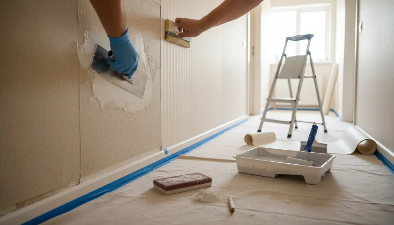 Gang under renovering med spartlede vægge, opsat glat tapet og malerværktøj på en beskyttelsesdug.