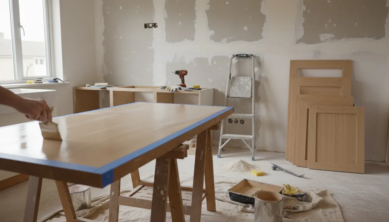 Køkken under renovering med fjernede indbyggede skabe, udbedrede vægge og en køkkenbordplade, der males.