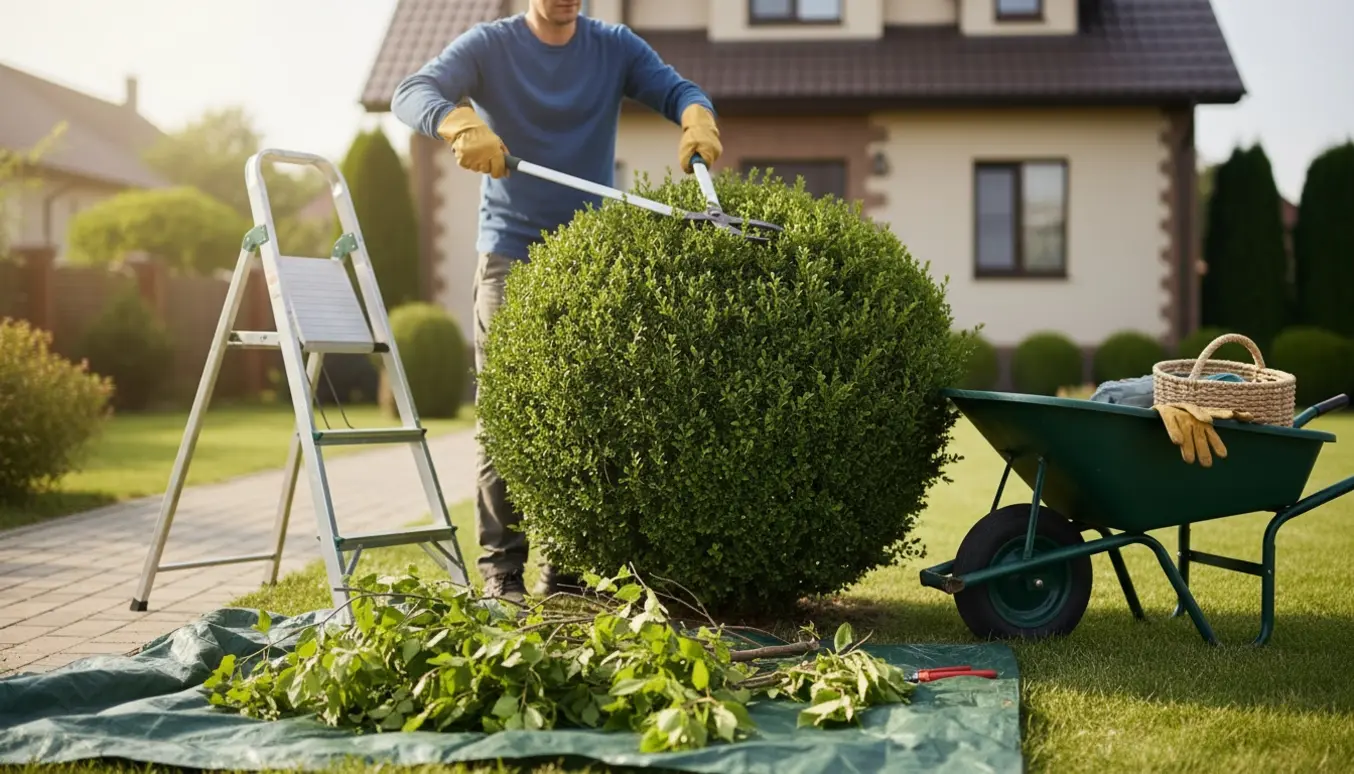 Gartner beskærer en ca. 2 m høj busk foran et parcelhus, med beskårne grene og værktøj i forgrunden.