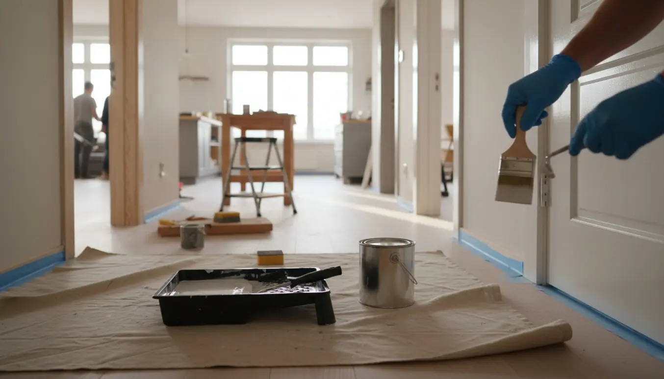 Nærbillede af hænder, der maler en dørkarm og lister i et lyst køkken-alrum med malerudstyr omkring.