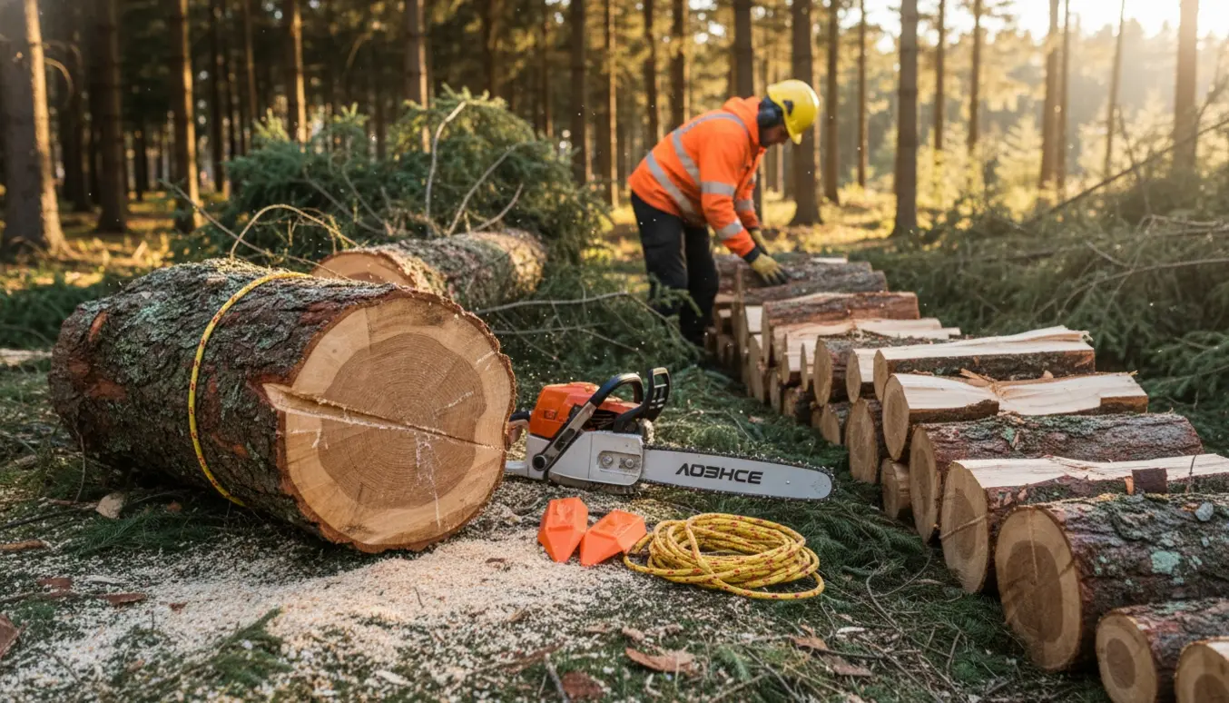 Fældning og opdeling af grantræ med motorsav, savflis og stablede brædder i baghave, håndværker set bagfra uden synligt ansigt.