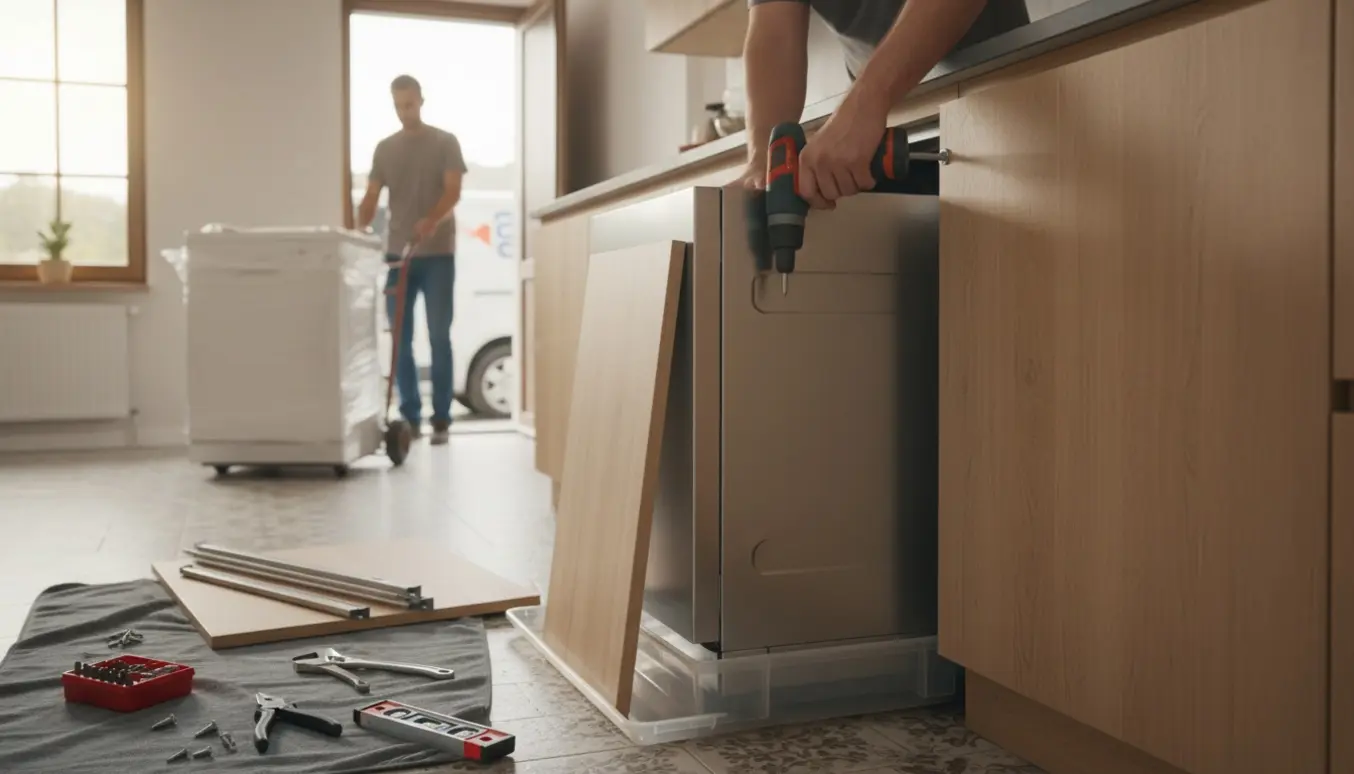 Nyt opvaskemaskine monteres i køkkenet med drypbakke og skinner, mens en gammel maskine køres væk.