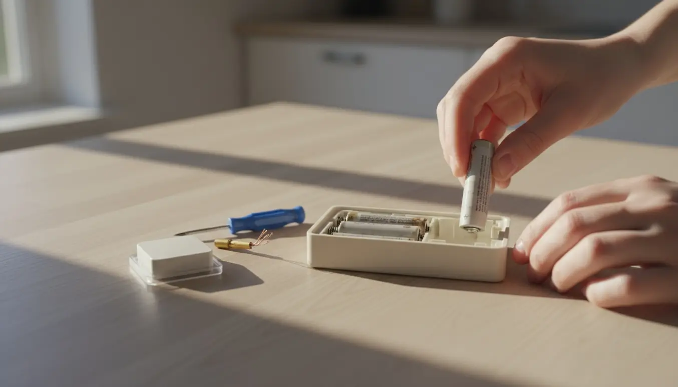 Åben gulvvarmestyring på køkkenbord med to brugte batterier, reservedele og en hånd klar til at skifte batteri.