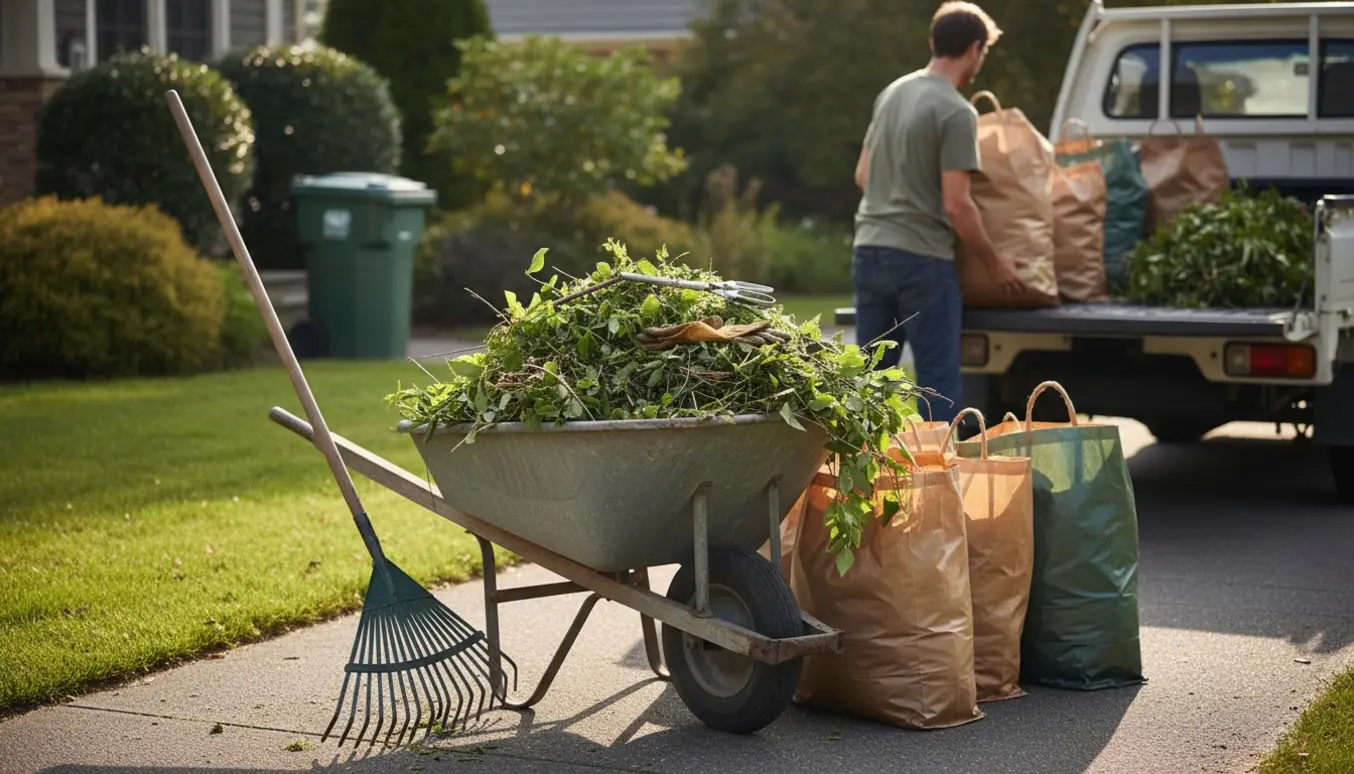 Trillebør, poser og grene ved en bil, klar til afhentning af haveaffald.