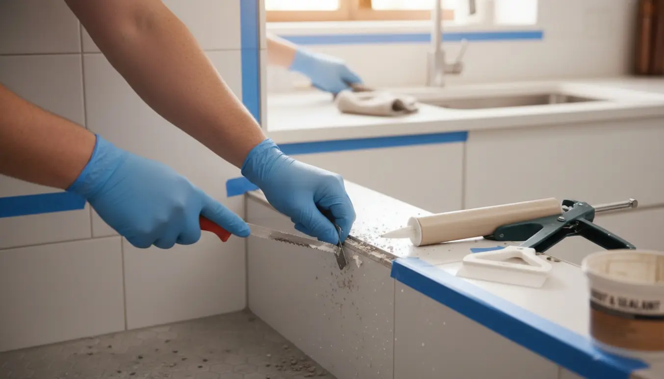 Nærbillede af hænder, der fjerner og udskifter fuge i en bruseniche, med nyt fugearbejde ved et køkkenbord i baggrunden.