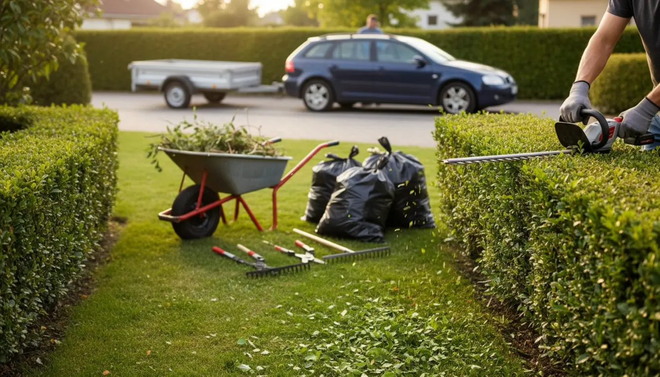 Halvklippet hæk med handsker, hækkeklipper, fyldte sække og haveredskaber klar til oprydning.