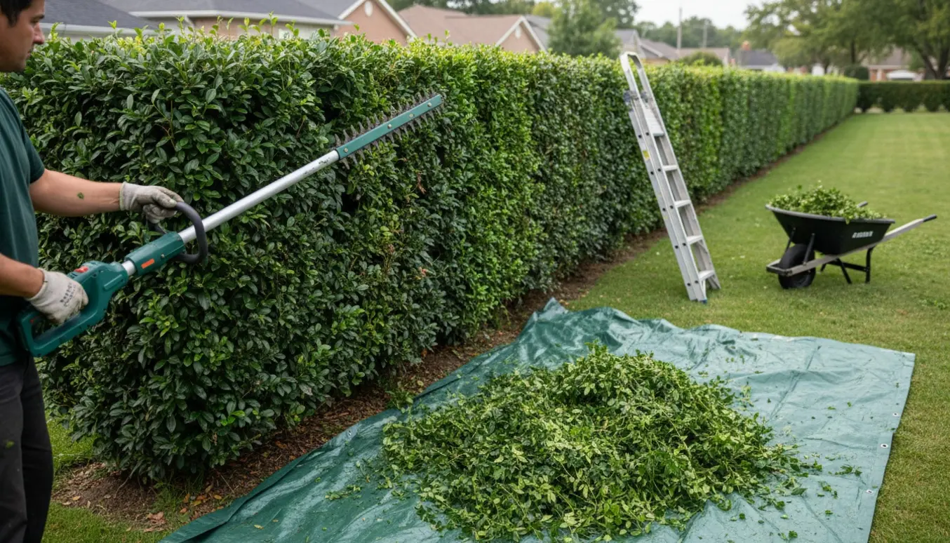 Lang havehæk klippes på siderne og toppen med en teleskophækkeklipper, klip ligger samlet på et underlag ved siden af.