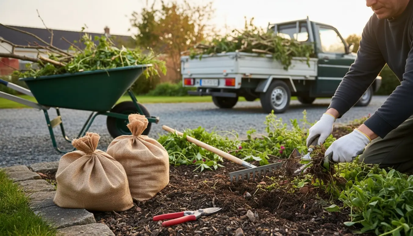 Person set bagfra fjerner ukrudt fra en blomsterbed ved en trillebør fyldt med haveaffald.