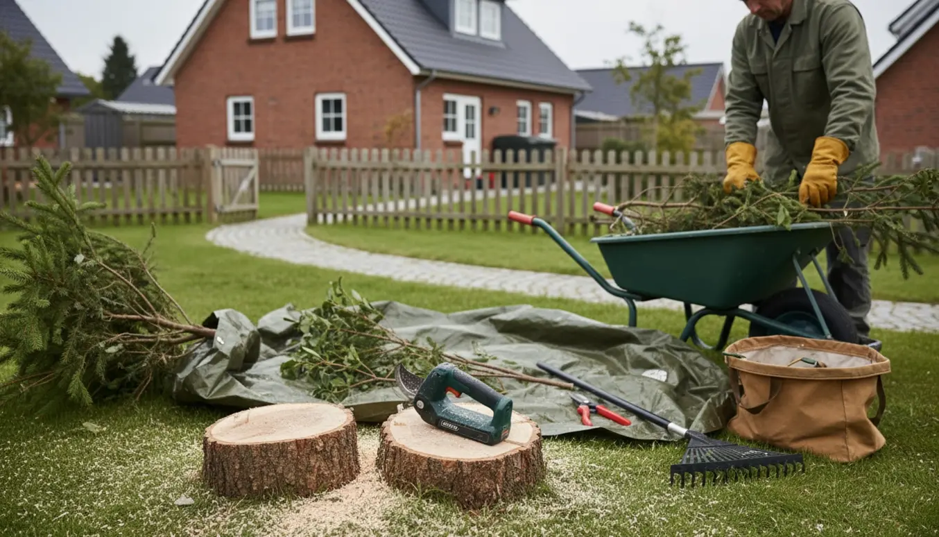 Savet granstub og bunke af afklippede grene i en dansk baghave med haveredskaber.