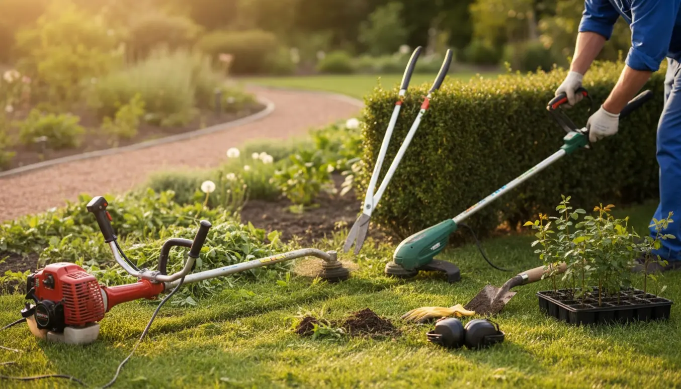 Havearbejde med buskrydder, græstrimmer, nyplantede roser og opgravet ukrudt ved en nyklippet hæk.