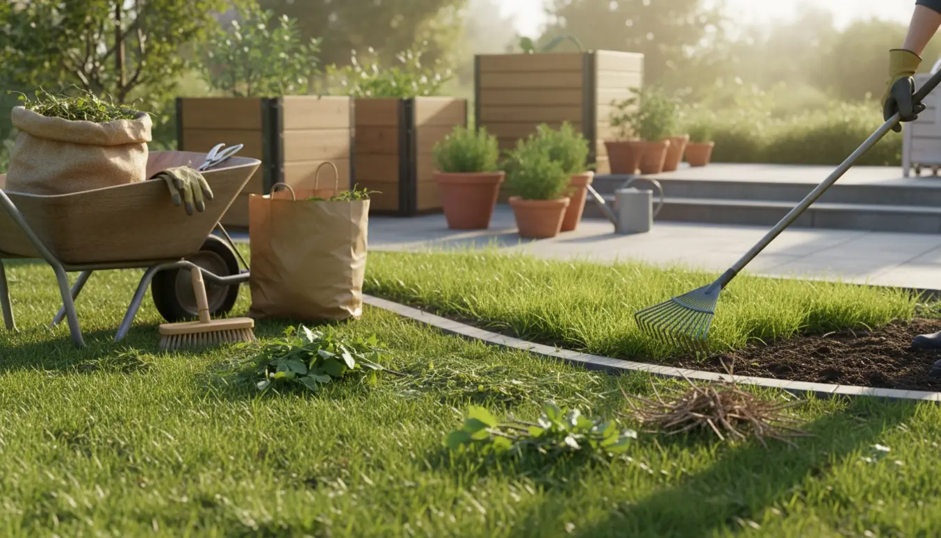 Hænder rydder ukrudt og samler haveaffald med rive og trillebør i blødt morgenlys.