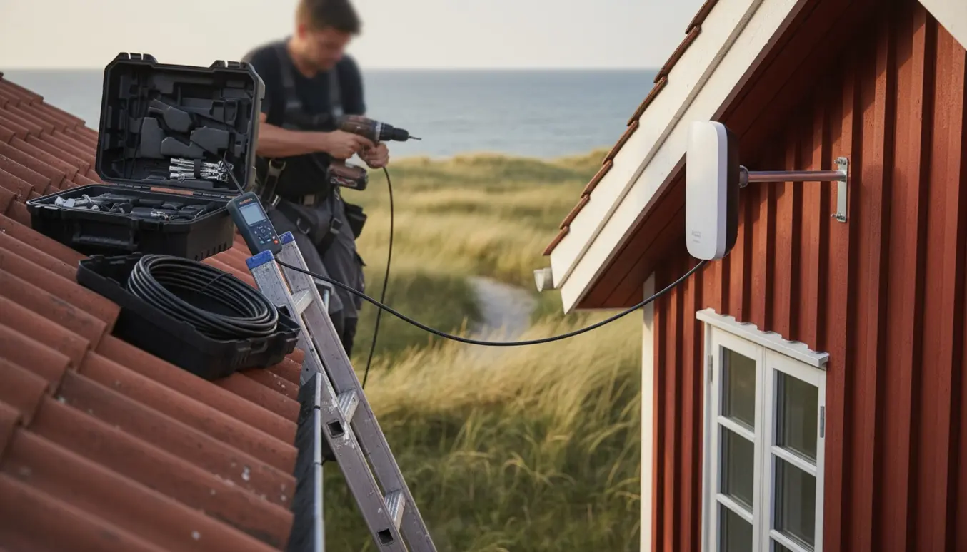 Håndværker monterer en ny udendørsantenne på et rødt sommerhus ved kysten i Fjellerup.