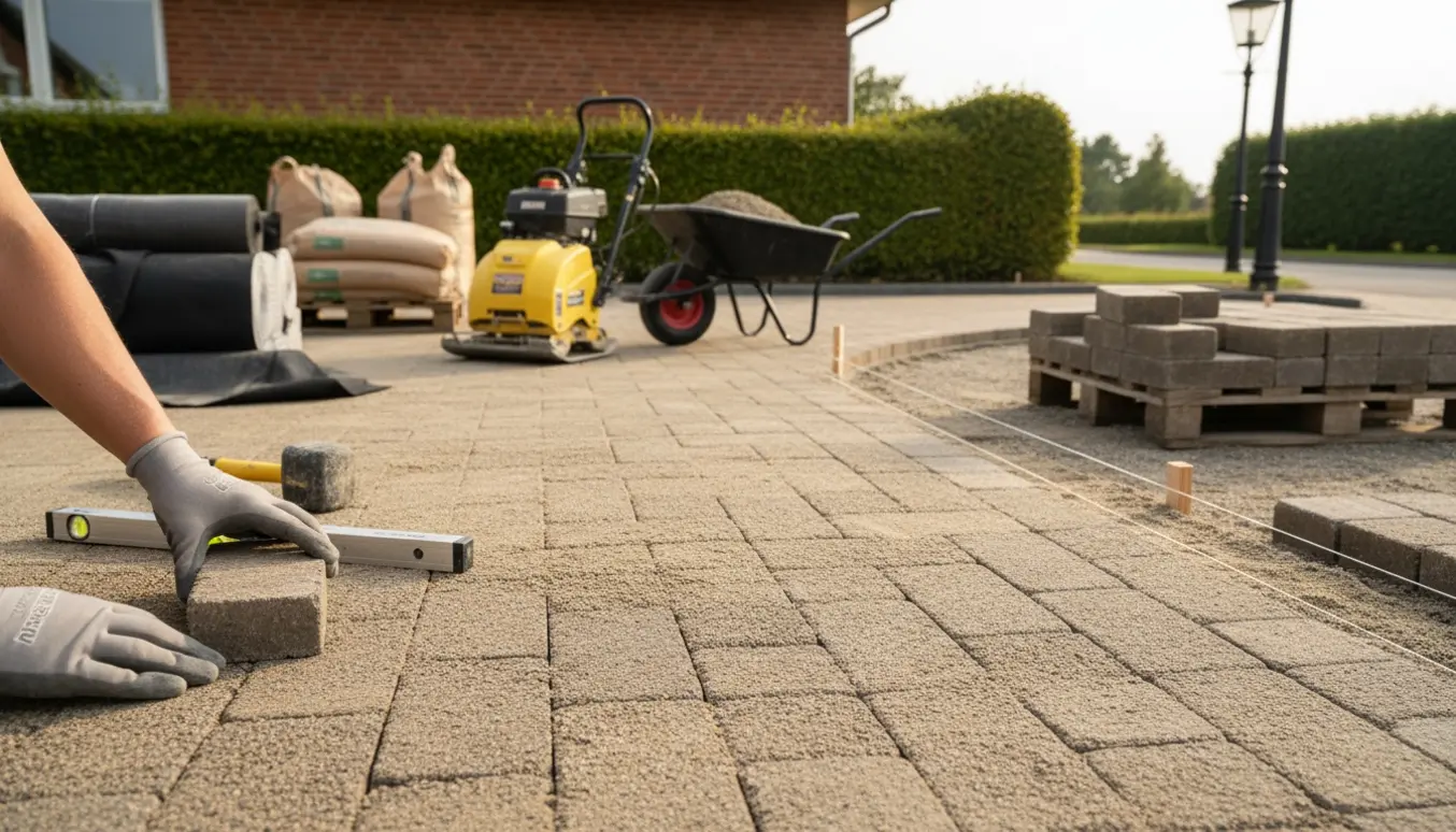 Nærbillede af hænder, der lægger Herregårdssten på en indkørsel med værktøj og materiale i baggrunden.