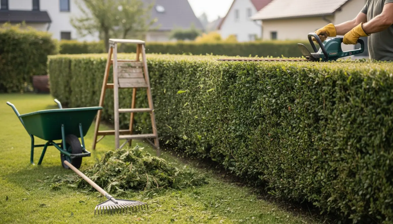 Nytrimmet hæk i forhaven med en skarp, flad top og friske klip på græsset.
