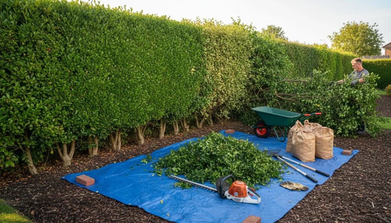 Ligusterhæk under klipning med afdækket inderside, opsamlede afklip og værktøj klar til bortkørsel.