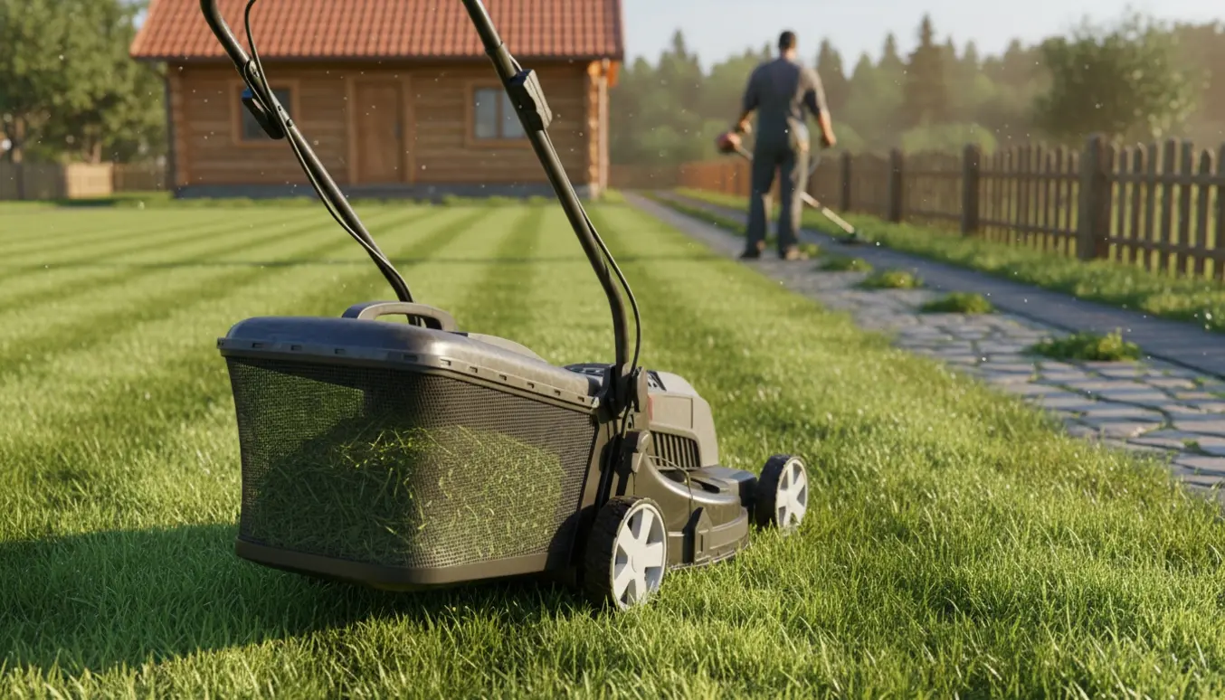 En sommerhusgræsplæne med nyslået kant og en plæneklipper i brug, set bagfra uden ansigter.