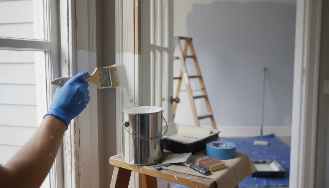 Håndværker maler udvendigt træværk med pensel, mens et nymalet rum ses gennem en åben dør.