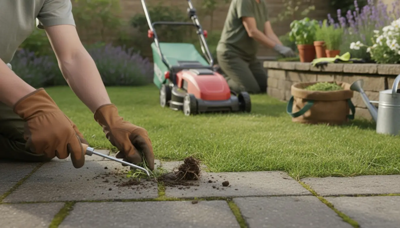 Person fjerner ukrudt mellem fliser og slår græs i en lille have med en plæneklipper.