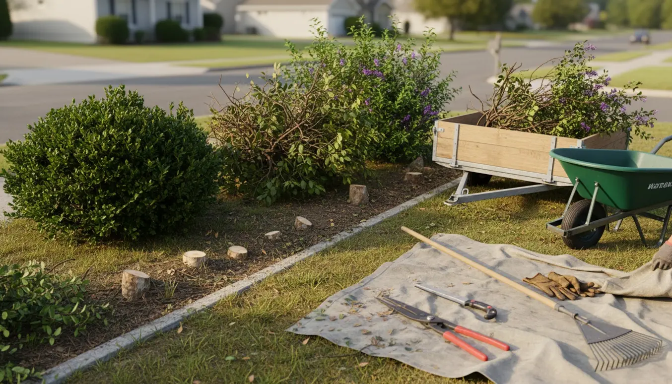 Nykappede buske samlet på trailer og wheelbarrow ved en vejrabatt med nykappede stubbe og redskaber.