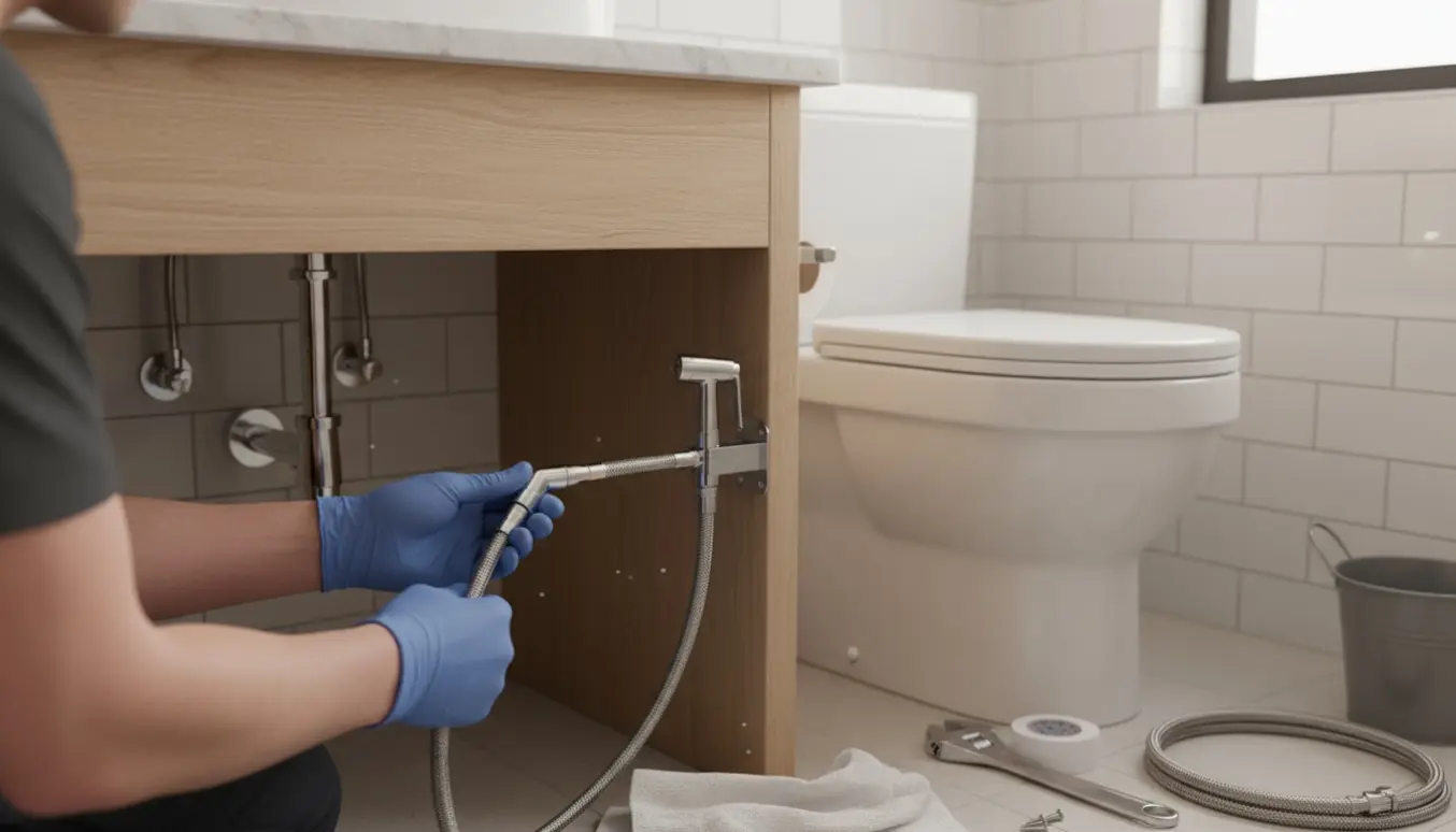 Hænder tilslutter en hygiejnebruser til koldt/varmt vand ved siden af et toilet på et badeværelsesmøbel.