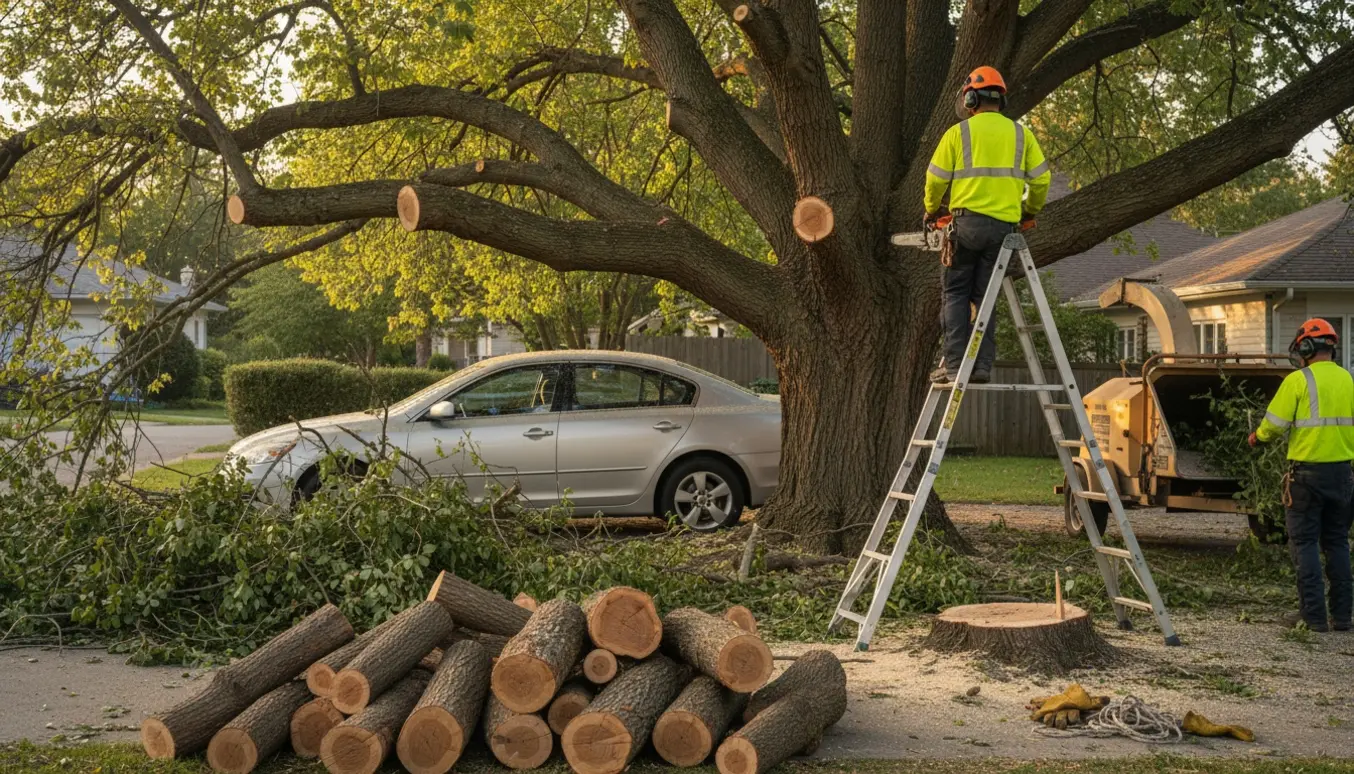 Professionel fældning/topkapning af et overhængende træ over en indkørsel med afsavede grene og en bil med fugleskidt.