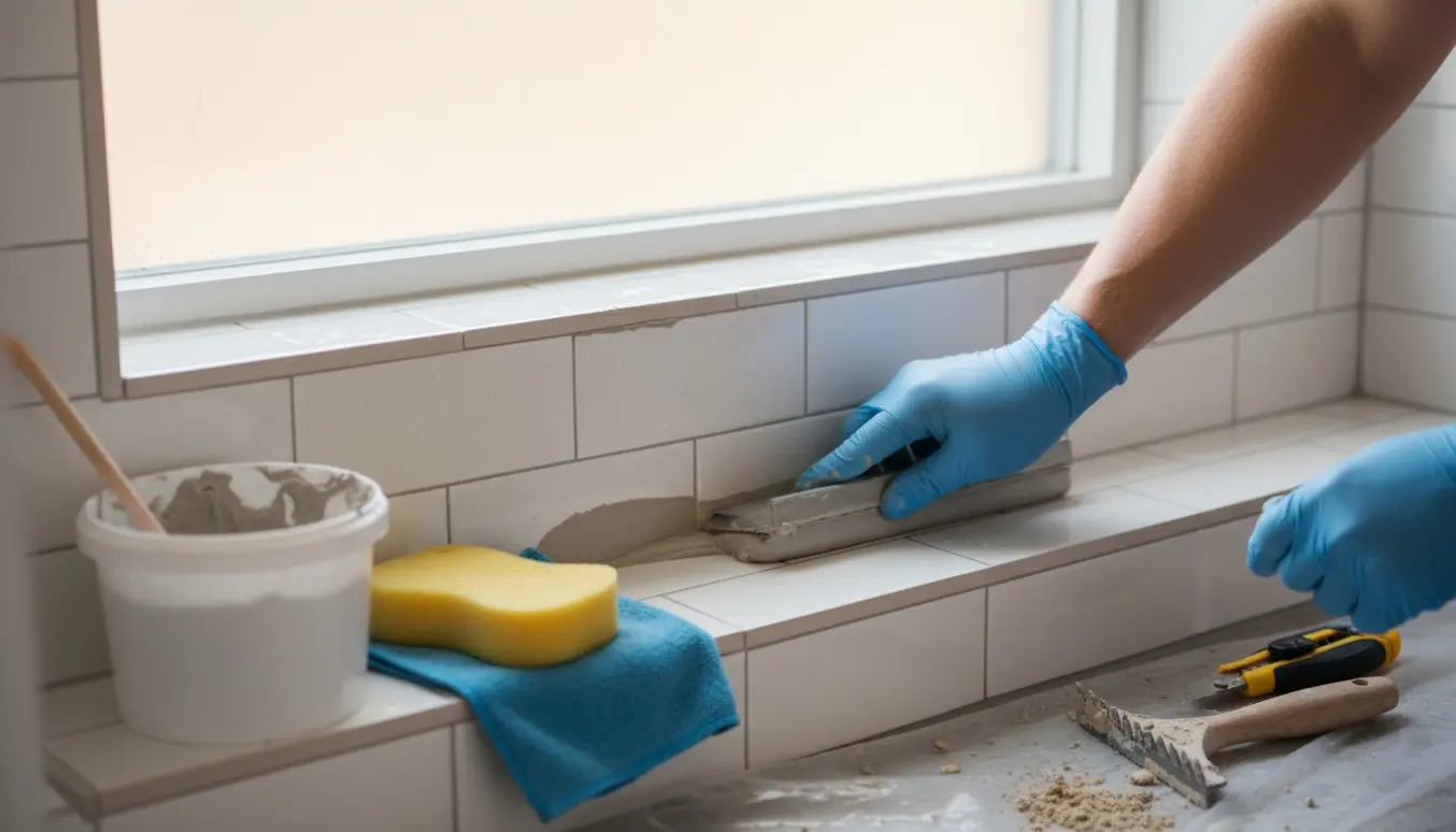 Hænder lægger ny fuge mellem fliser i en bruseniche med fugebræt, spand og svamp ved siden af.