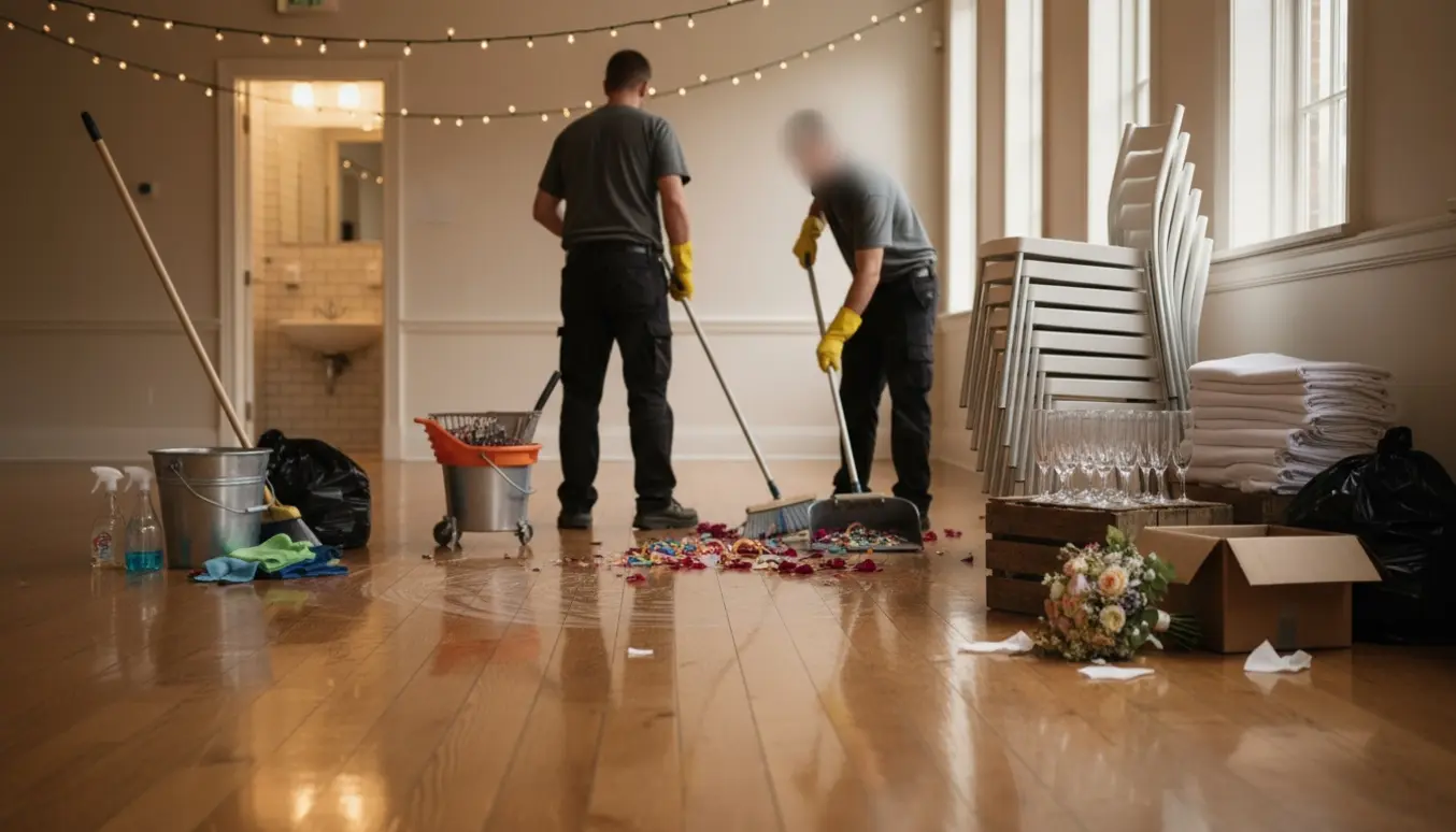 Personer rydder konfetti og mopper trægulvet i et bryllupsfestlokale efter festen.