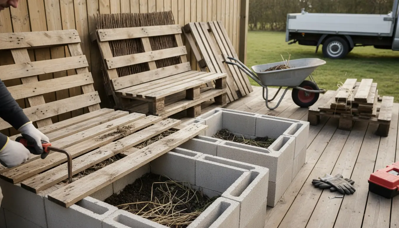 Udendørs haveoprydning med nedtagning af højbede og pallerammer, værktøj og trillebør klar til bortkørsel.