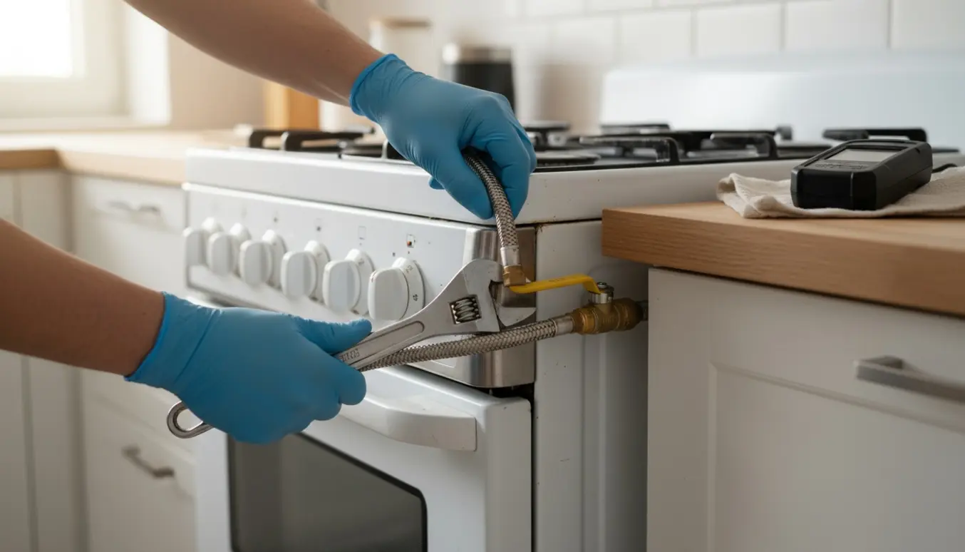 Nærbillede af handske‑beklædte hænder, der forbinder et brugt gaskomfur til husets gasinstallation med en fleksibel rustfri slange.