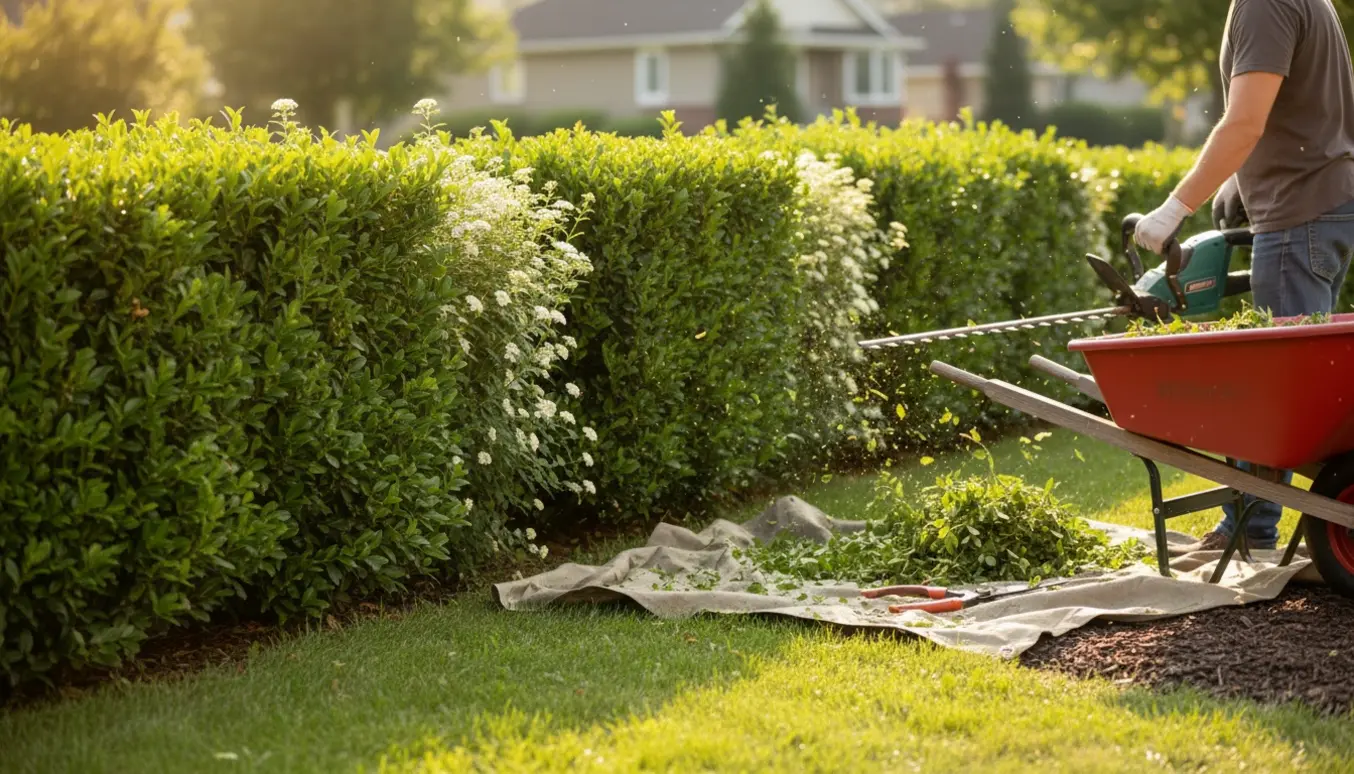 En person klipper liguster- og spirea-hække med en elektrisk hækkeklipper, hvor nogle hække er klippet på begge sider og andre kun på én side.