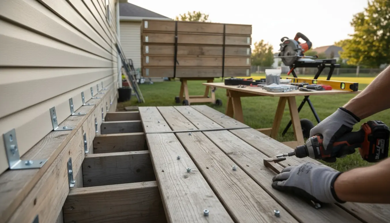 En tømrer afmonterer en træterrasse ved huset, tre store terrasseafsnit er stablet klar til genbrug i haven.