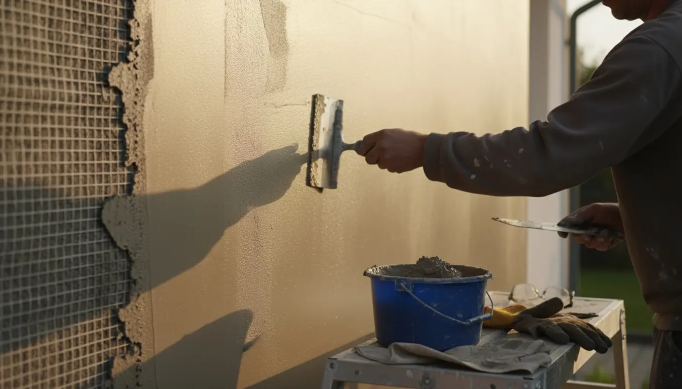 Hænder glatter udvendig puds på et isoleret hus med murske og svamp.